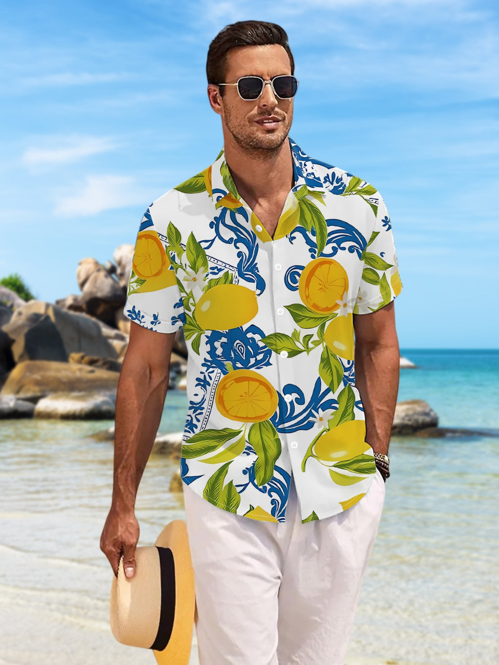 New Men's Casual Short-Sleeve Shirt with Lemon Branch and Leaf Pattern on Blue Check, Fresh All-Over Print on White Background, Versatile for Holiday Parties and Commuting, Machine-Washable Fabric, Button-Up Printed Shirt