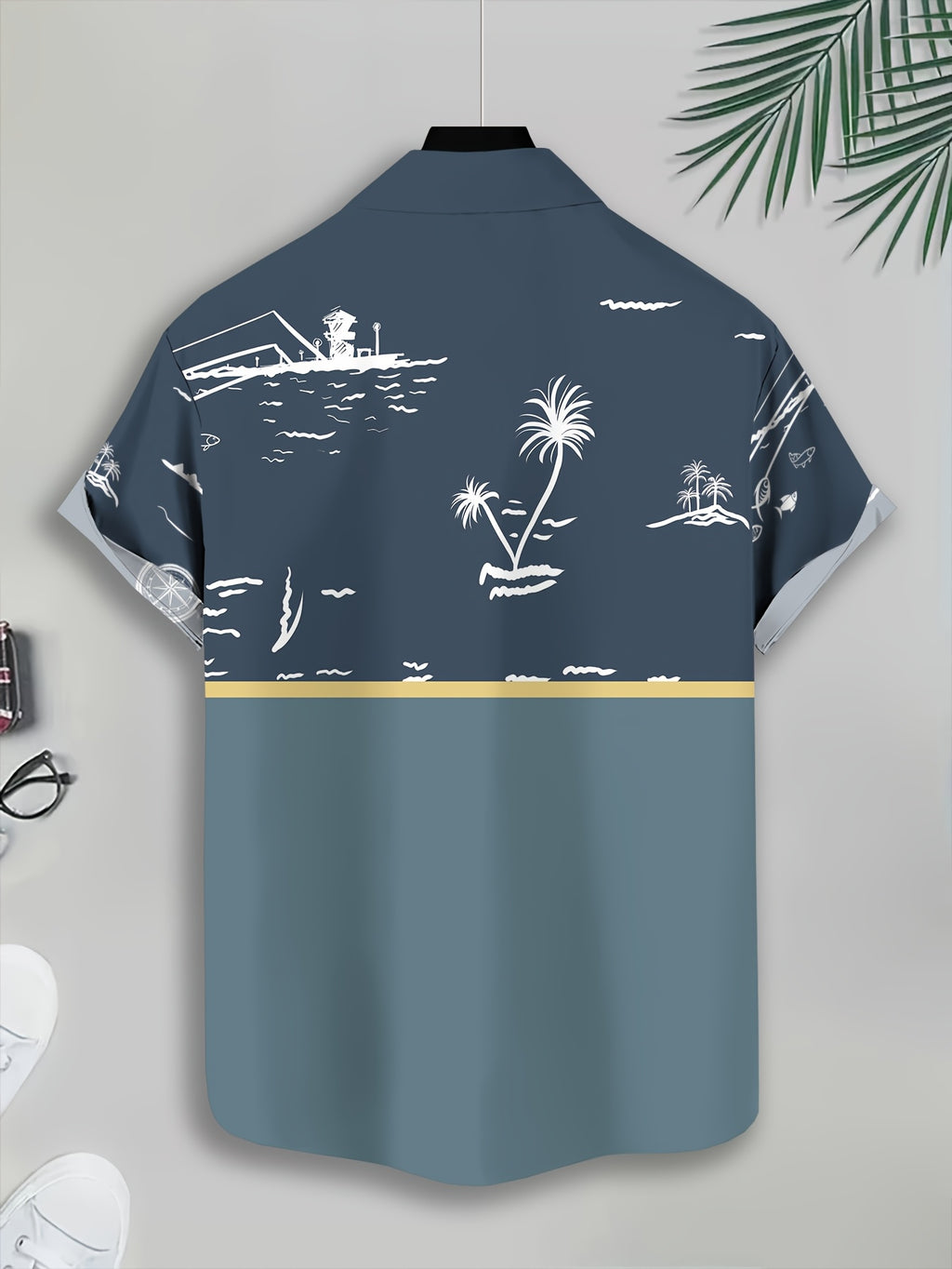 Casual Style Men'S Casual Shirt Print Navy Blue Tropical Island Scene Summer Palm Trees And Ocean Waves