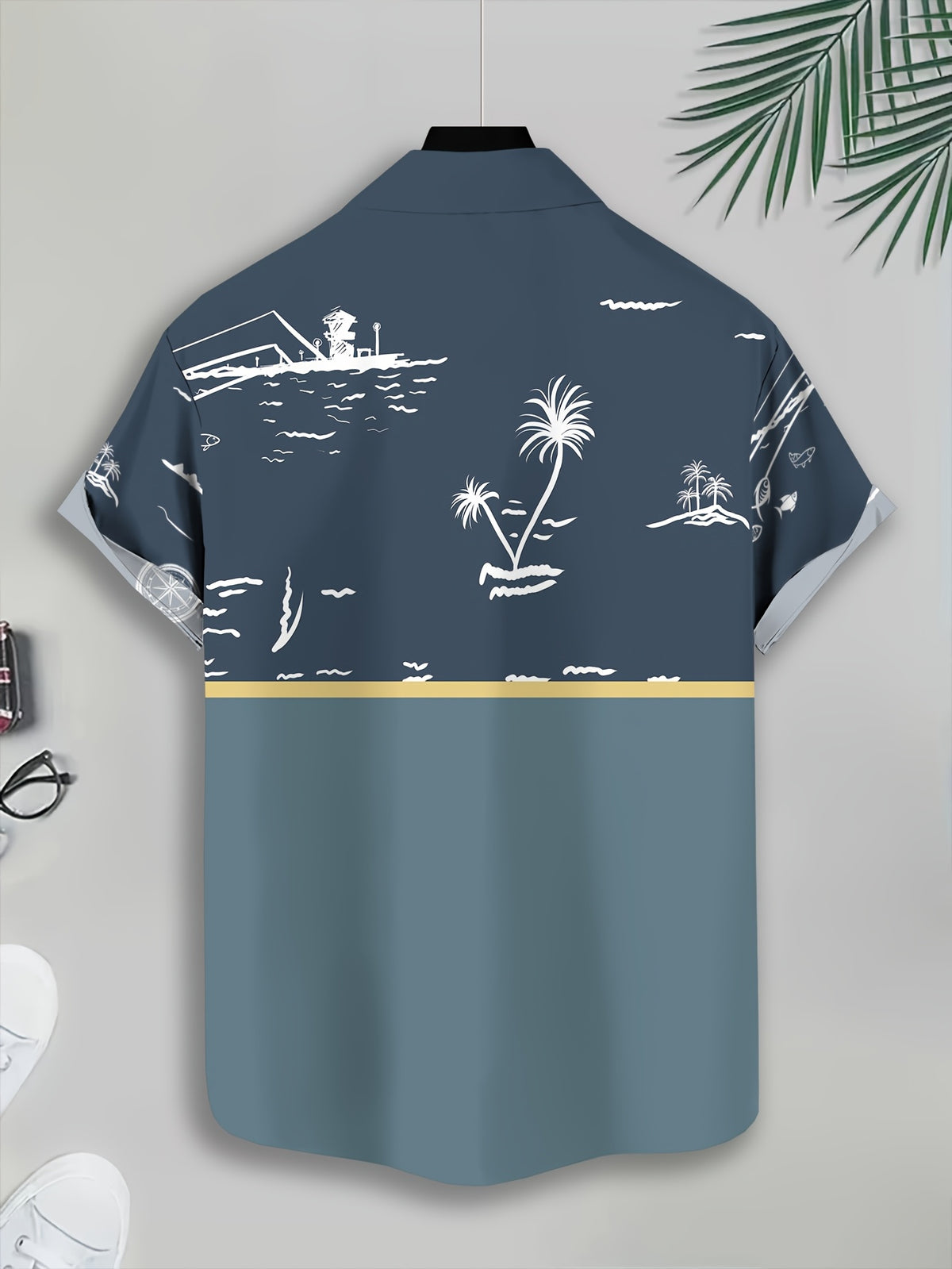 Casual Style Men'S Casual Shirt Print Navy Blue Tropical Island Scene Summer Palm Trees And Ocean Waves