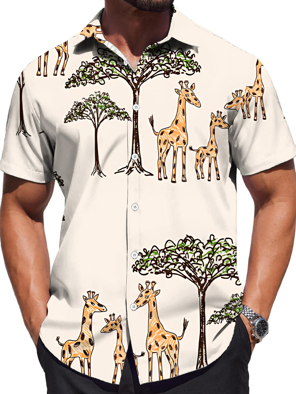 [Print Design - Not Texture] Short Sleeve Shirt Men'S Trendy Digital Print Short Sleeve Shirt Giraffe Tree Easy Pattern Fashionable And Atmospheric Clothing/Apparel/Summer/Street/Trendy/Men'S/Print
