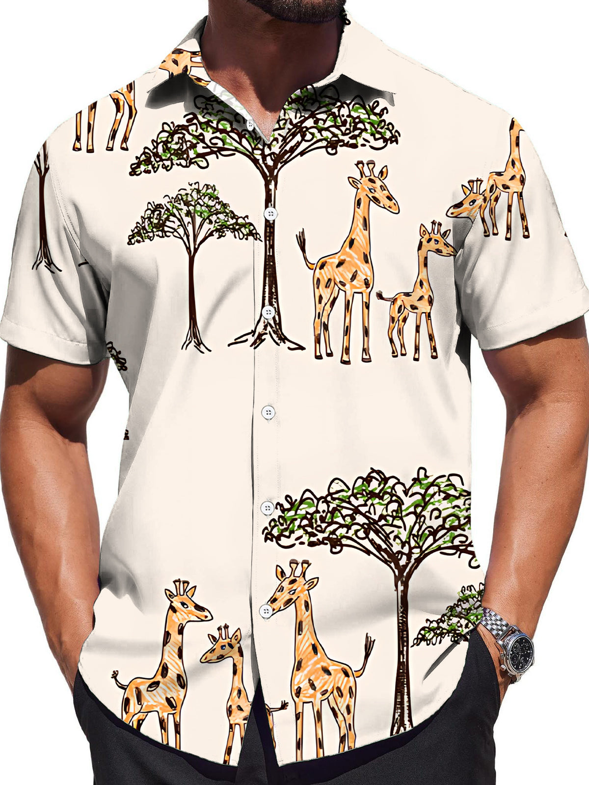 [Print Design - Not Texture] Short Sleeve Shirt Men'S Trendy Digital Print Short Sleeve Shirt Giraffe Tree Easy Pattern Fashionable And Atmospheric Clothing/Apparel/Summer/Street/Trendy/Men'S/Print
