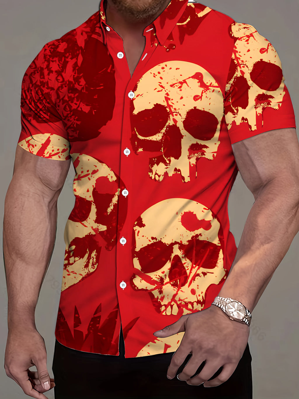 Men's Skull & Pineapple Print Button-Up Shirt - Vibrant Red Short Sleeve Lapel Collar Summer Beach Shirt, Regular Fit Casual Buttoned Top Suitable for Dates, Vacations, Gifts, Machine Washable Minimalist Streetwear for Casual Attire