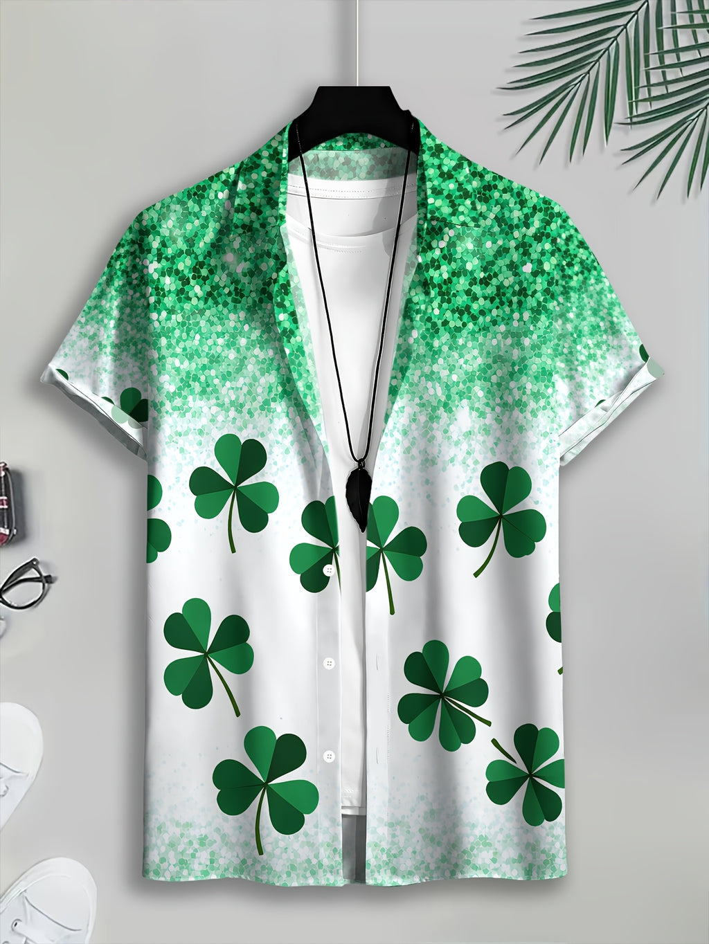 Men's Casual Style Shirt with Printed Cloverleaf Pattern, Vibrant Green Leaf Design for Summer