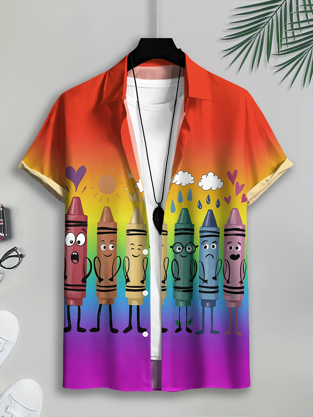 Cartoon Style Men's Casual Shirt with Printed Rainbow Crayon Character Pattern, Summer Fun Expression Design, Fashionable Casual Short-Sleeve Shirt