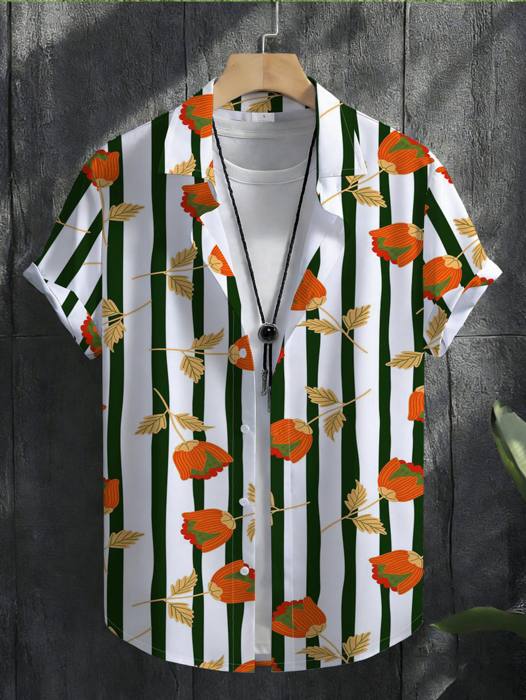 Men'S Casual Short Sleeve Shirt, Green And White Pinstripe with Orange Small Floral Pattern, Fashionable All-Match Beach Vacation