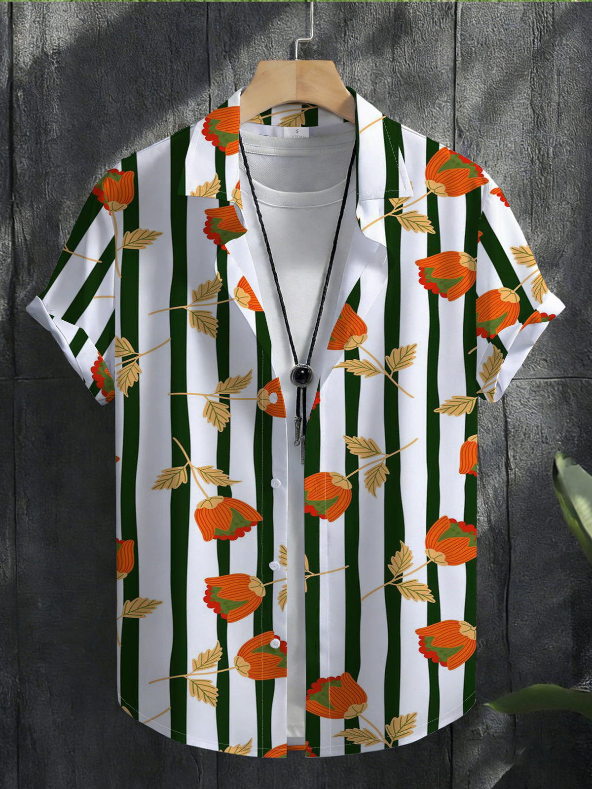 Men'S Casual Short Sleeve Shirt, Green And White Pinstripe with Orange Small Floral Pattern, Fashionable All-Match Beach Vacation