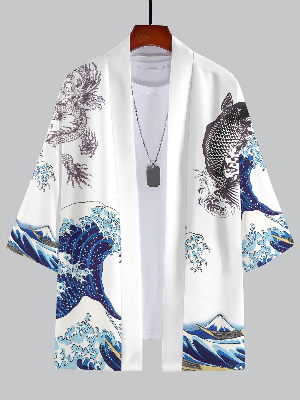 Casual Men'S Kimono Cardigan, Printed White Dragon And Koi Fish Wave Pattern, Summer Dynamic Ocean Waves And Mountain Scene