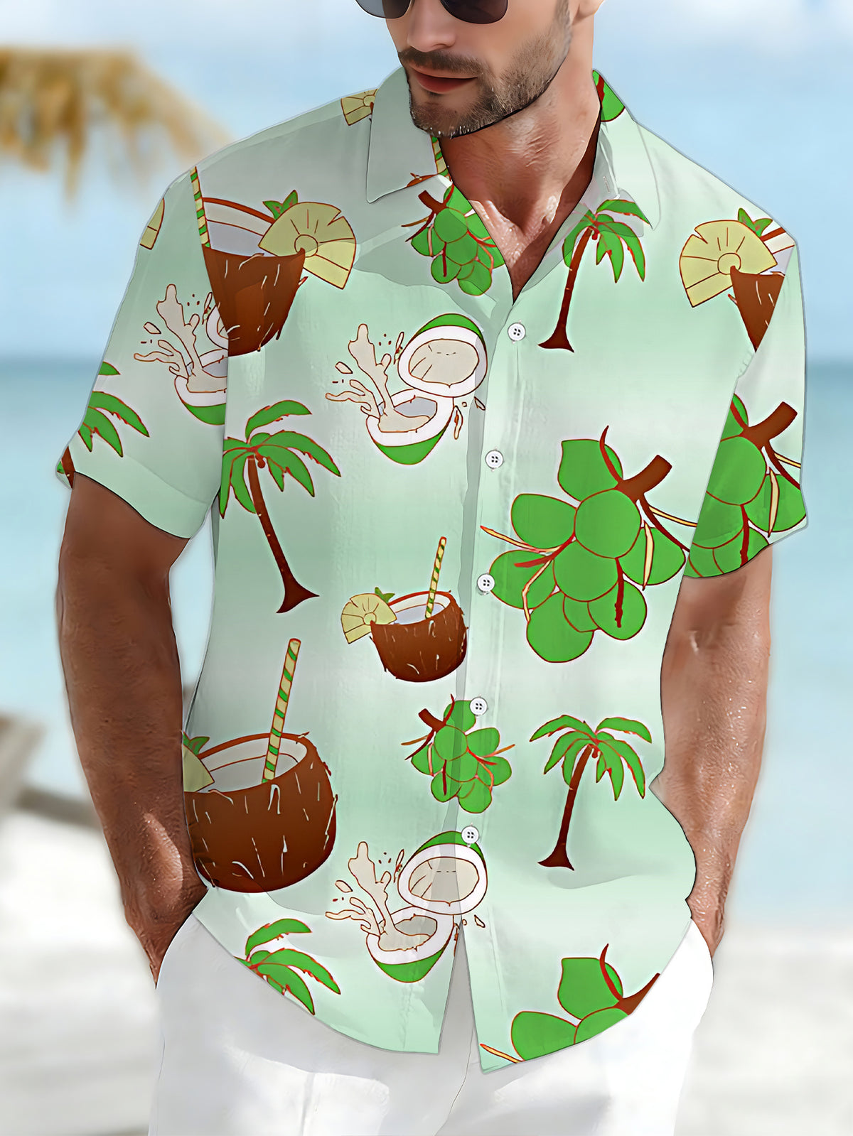 Men's Casual Digital Print Regular Fit Short Sleeve Shirt, Coconut Palm Tree Cartoon Style in Light Green, Stylish and Elegant Dopamine Party Top, Men's/Printed/Summer/Clothes/Apparel/Trendy/Streetwear