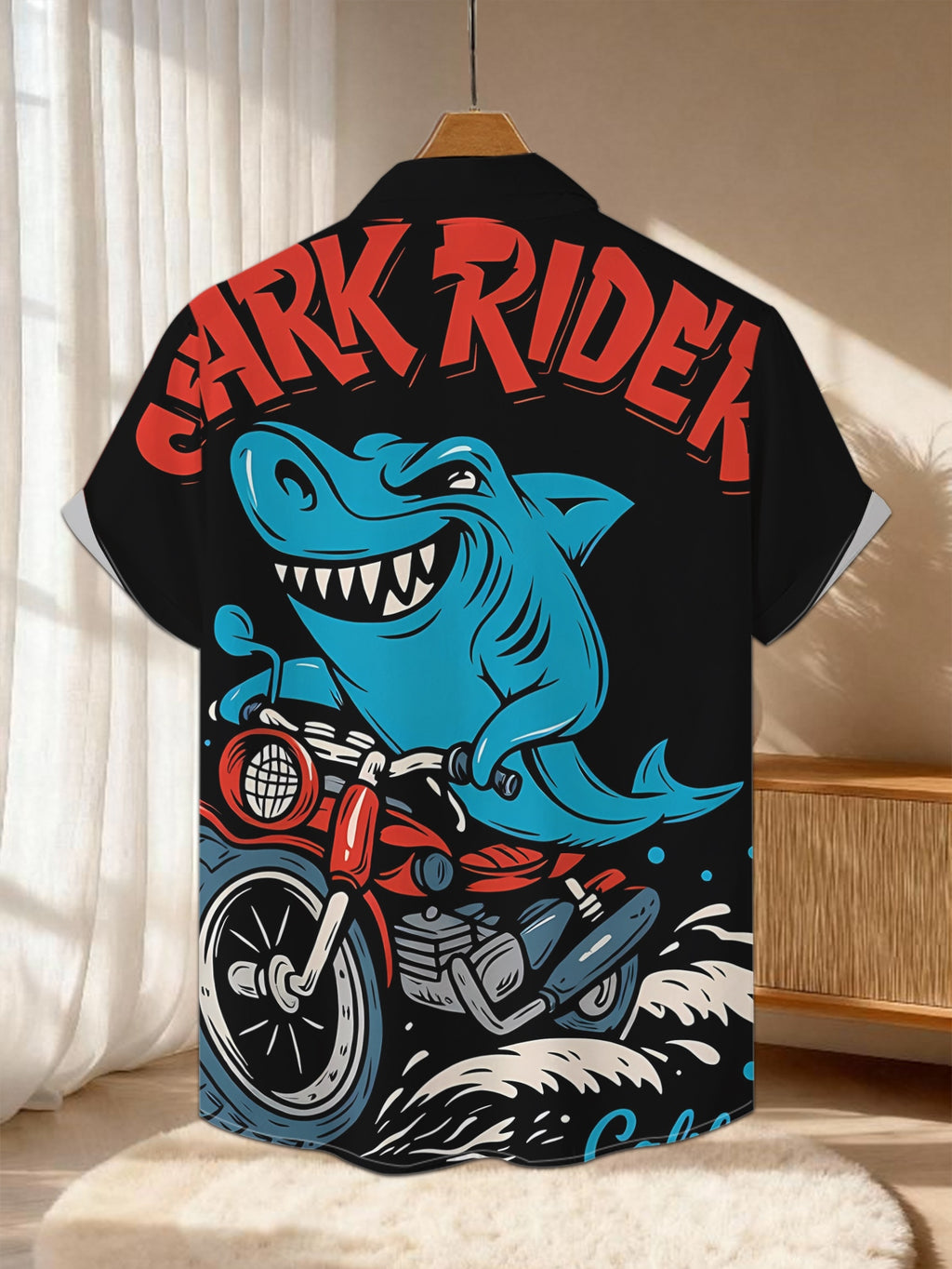 New Men's Casual Short-Sleeve Shirt, Shark Rider on Motorcycle, Cool California Style for the Waves, Versatile for Holiday Parties and Commuting, Machine-Washable Polyester Fiber Fabric, Button-Up Printed Shirt