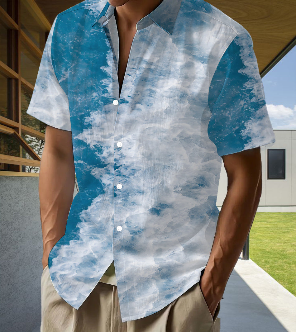 Hawaiian Wave Print Men'S Casual Shirt - Short Sleeve Button- Design, Vibrant Colors, Summer Season Outdoor And Casual Wear, Machine Washable