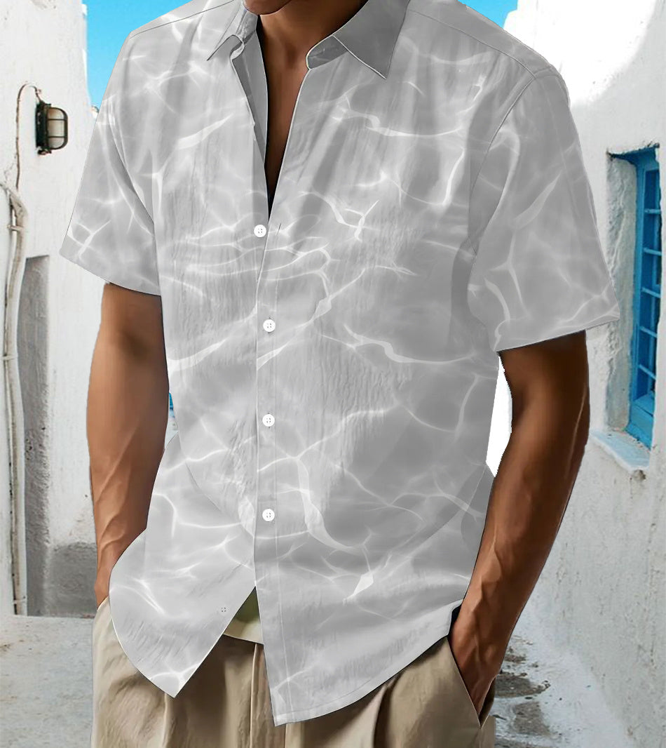 Men's Hawaiian Gray Water Wave Short Sleeve Button- Shirt - Loose Fit Collar, Full-Body Hawaiian Print, Button Front Closure, Machine Washable Summer Beachwear for Casual & Smart-Casual Outfits