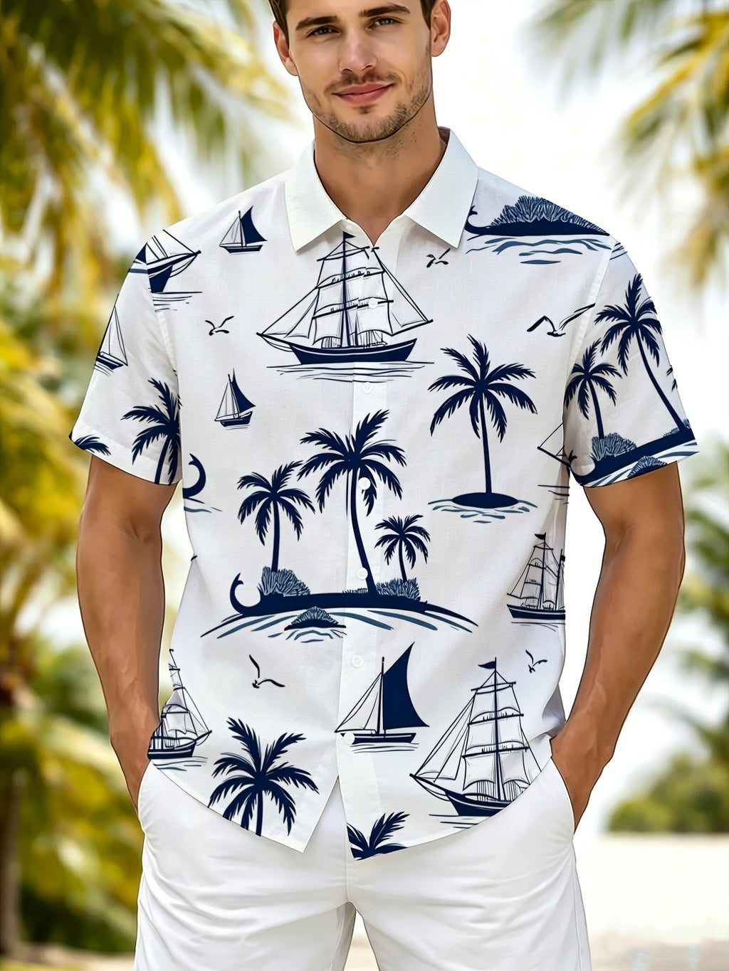 Men'S Summer Short Sleeve Shirt, Hawaiian Style Coconut Palm Sailboat Print, Casual Breathable Vacation Top, All-Match Style for Beach Outings