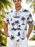 Men'S Summer Short Sleeve Shirt, Hawaiian Style Coconut Palm Sailboat Print, Casual Breathable Vacation Top, All-Match Style for Beach Outings