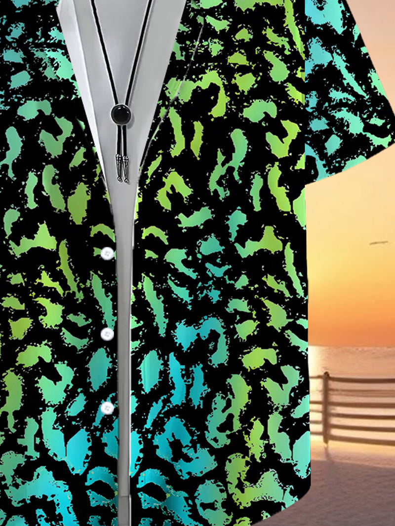 Tropical Hawaiian Style Green And Black Patterned Men'S Casual Shirt - Short-Sleeved with Button Design, Suitable for Outdoor And Casual Wear in Summer