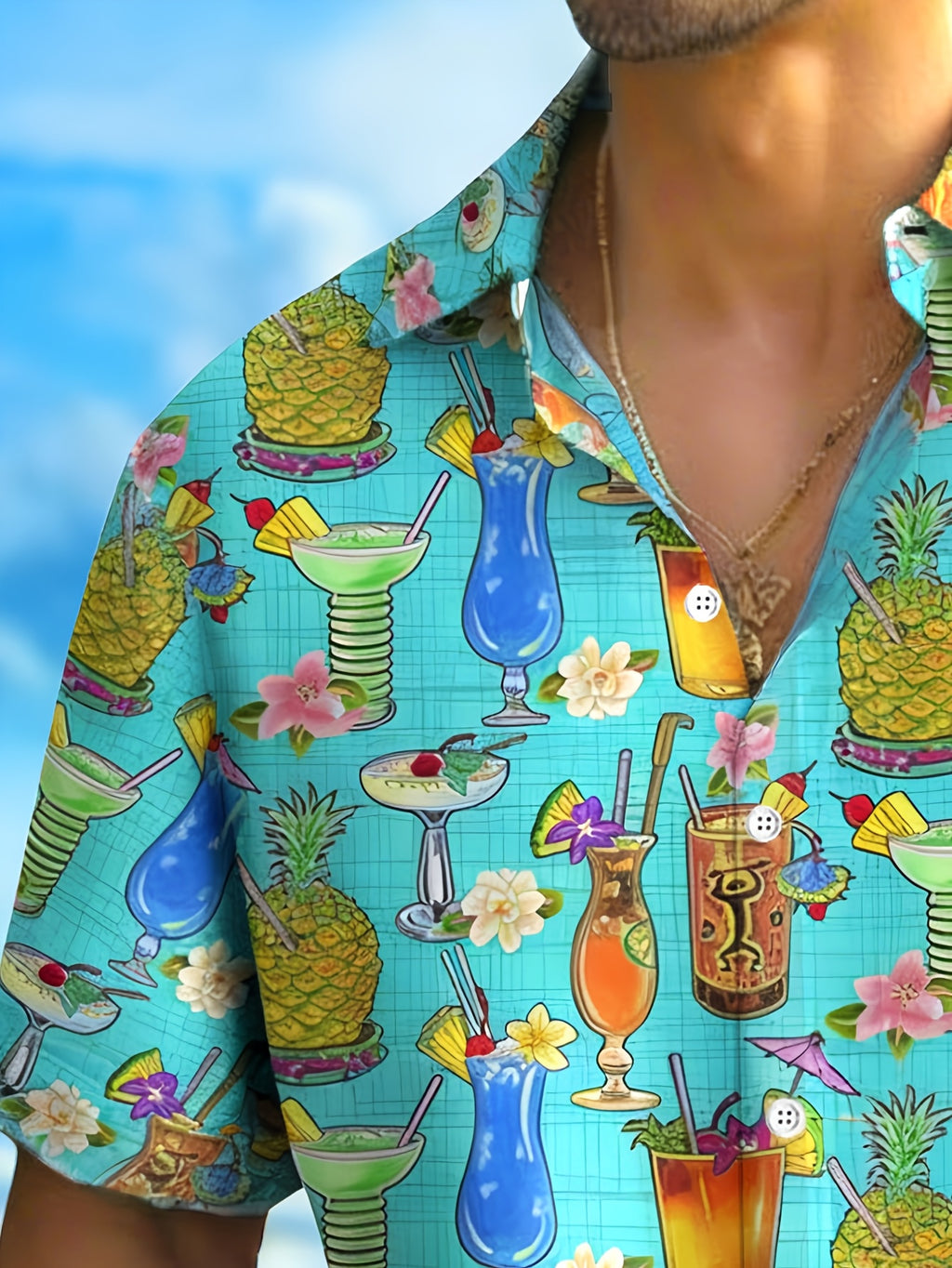 Hawaiian Tiki Drink Print Men's Button- Short Sleeve Shirt Vacation Shirt, PLUS SIZE