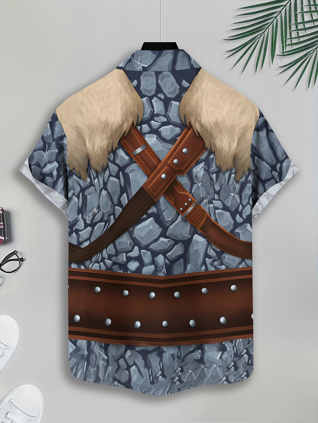 Fantasy Warrior Style Men'S Casual Shirt, Printed Gray Stone Texture with Brown Leather Straps And Golden Ram Head Belt, Summer Design Featuring Detailed Armor And Faux Fur Collar