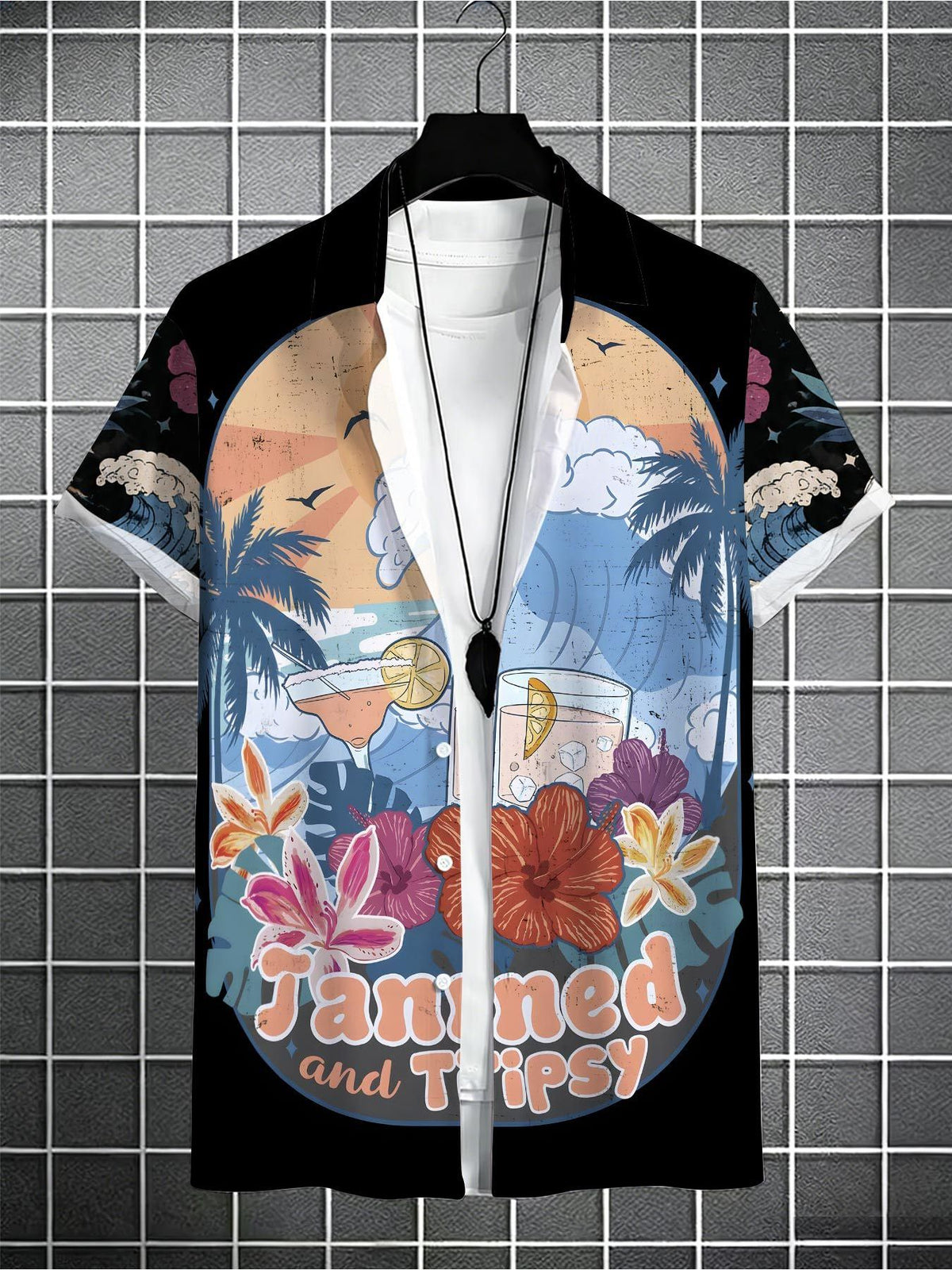 Men'S Sun-Themed Printed Button-Up Shirt, Featuring Palm Tree, Wave, And Floral Designs, Lightweight Casual Shirt, Suitable for Year-Round Wear