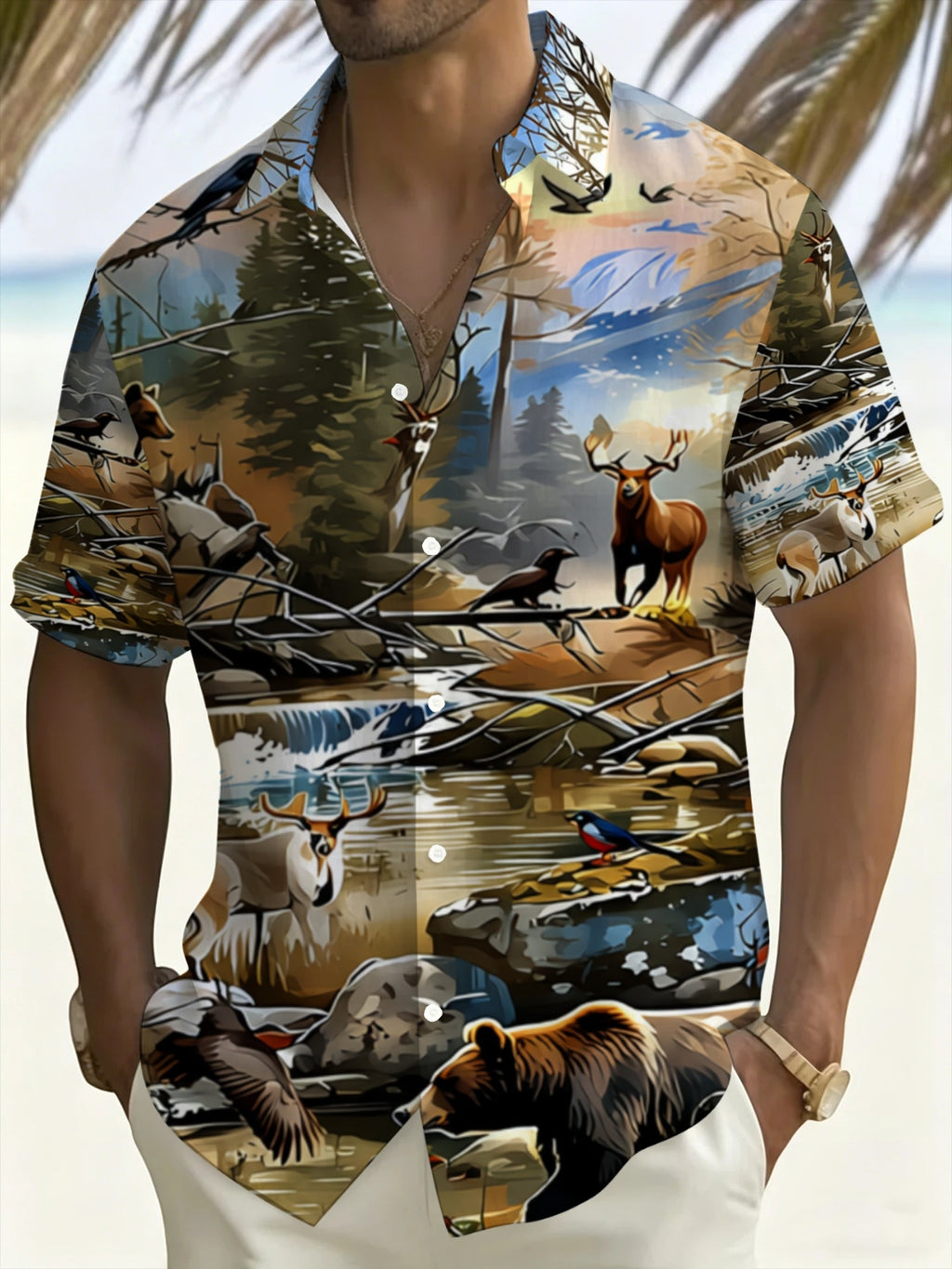 New Men's Hawaiian Style Printed Shirt, Wild Animal Pattern Short Sleeve Casual Shirt, Suitable for Gatherings, Parties, Beach, and Dinner Parties
