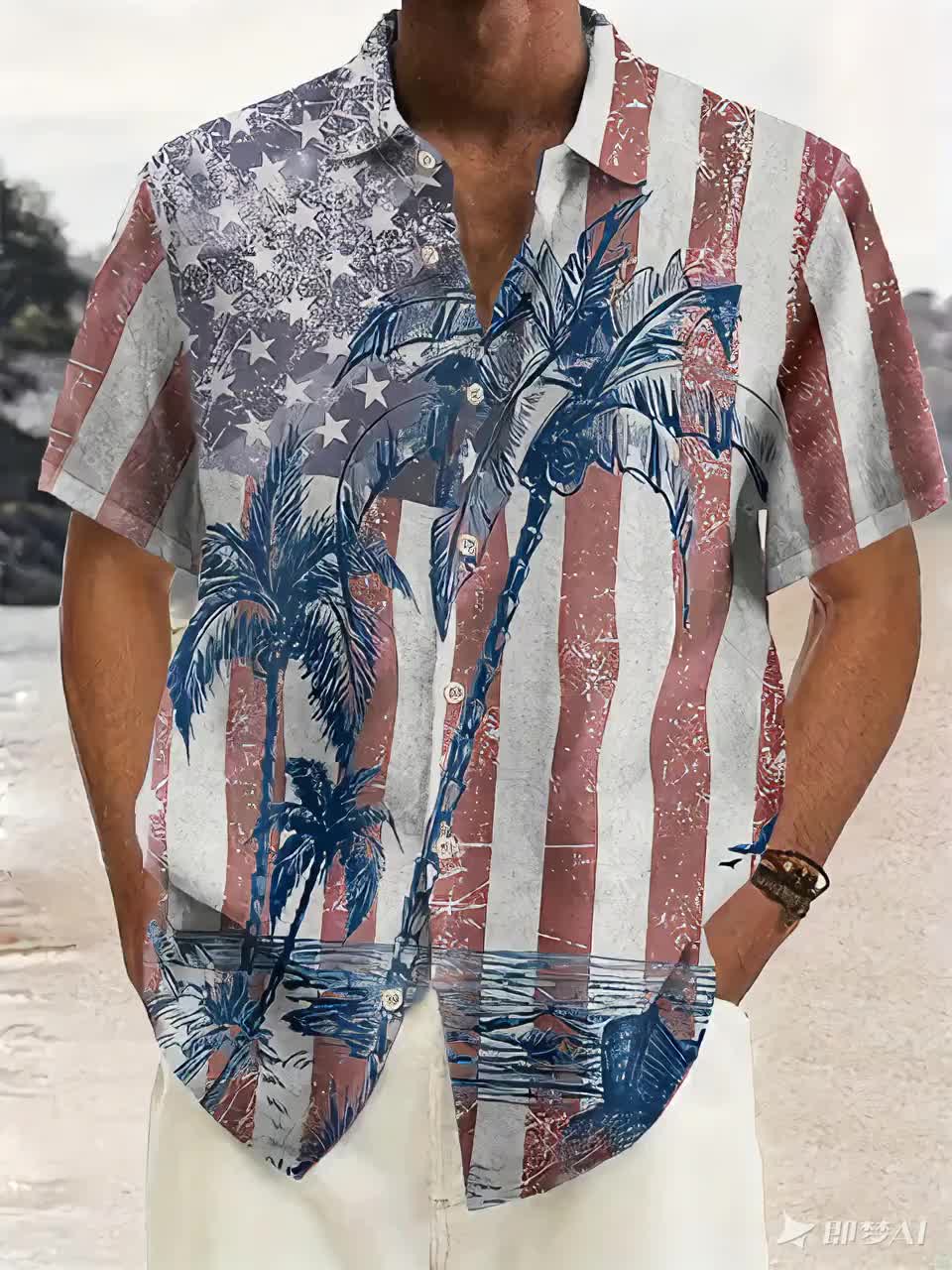 Men'S Plus Size Hawaiian Coconut Tree Print Shirt with Flag Design | Button Closure, Lapel Collar, Slight Stretch Fabric, Summer Vacation Style