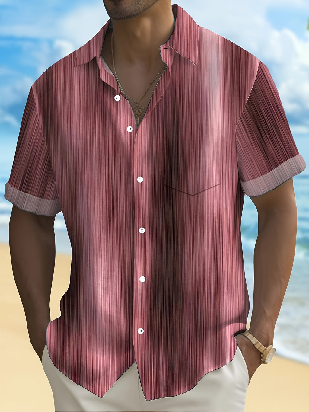 Vintage Gradient Stripe Texture Men's Button Pocket Shirt, PLUS SIZE