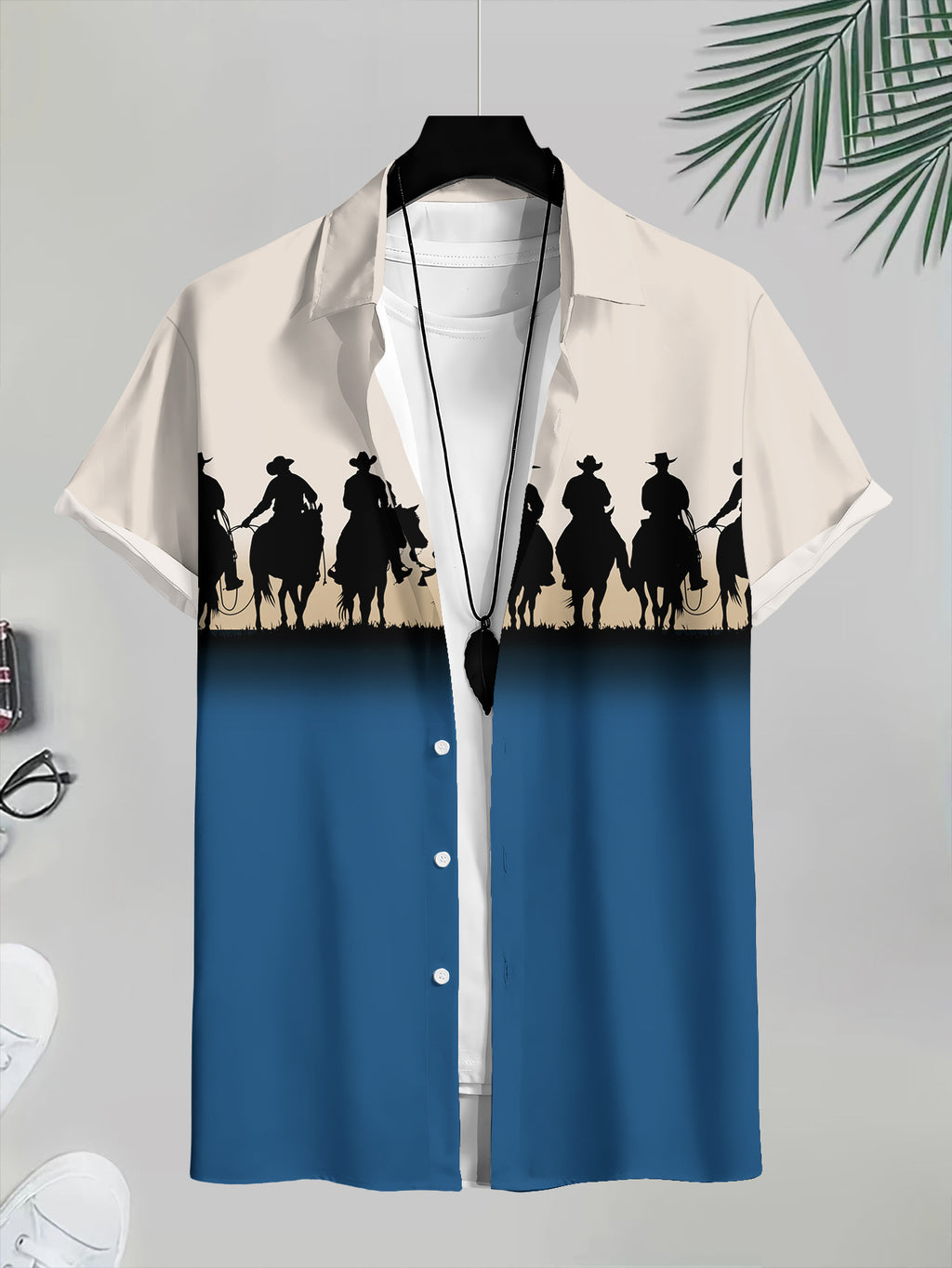 Western Cowboy Silhouette Men's Casual Shirt with Horse Riding Pattern, Summer Outdoor Apparel