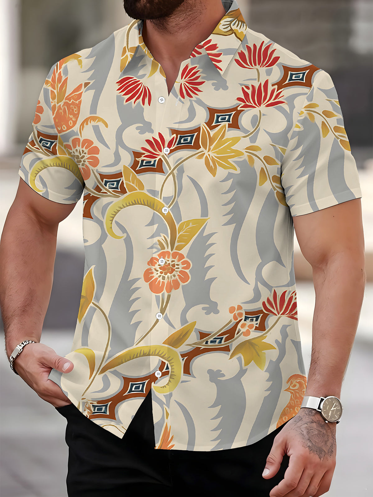 Men'S Short Sleeve Shirt Floral Bird Style, ' Print Short Sleeve Leaf Pattern, Cool Men'S Shirt Pastel Charm, Men'S Casual Short Sleeve Shirt Summer