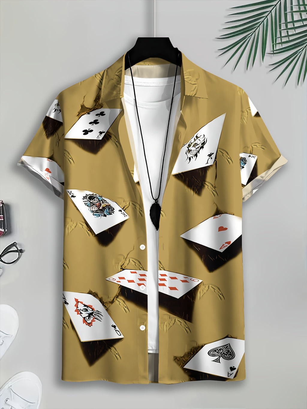 Poker Print Hawaiian Shirt for Men, Short Sleeve Beach Casual Shirt, Fashionable Trendy Top