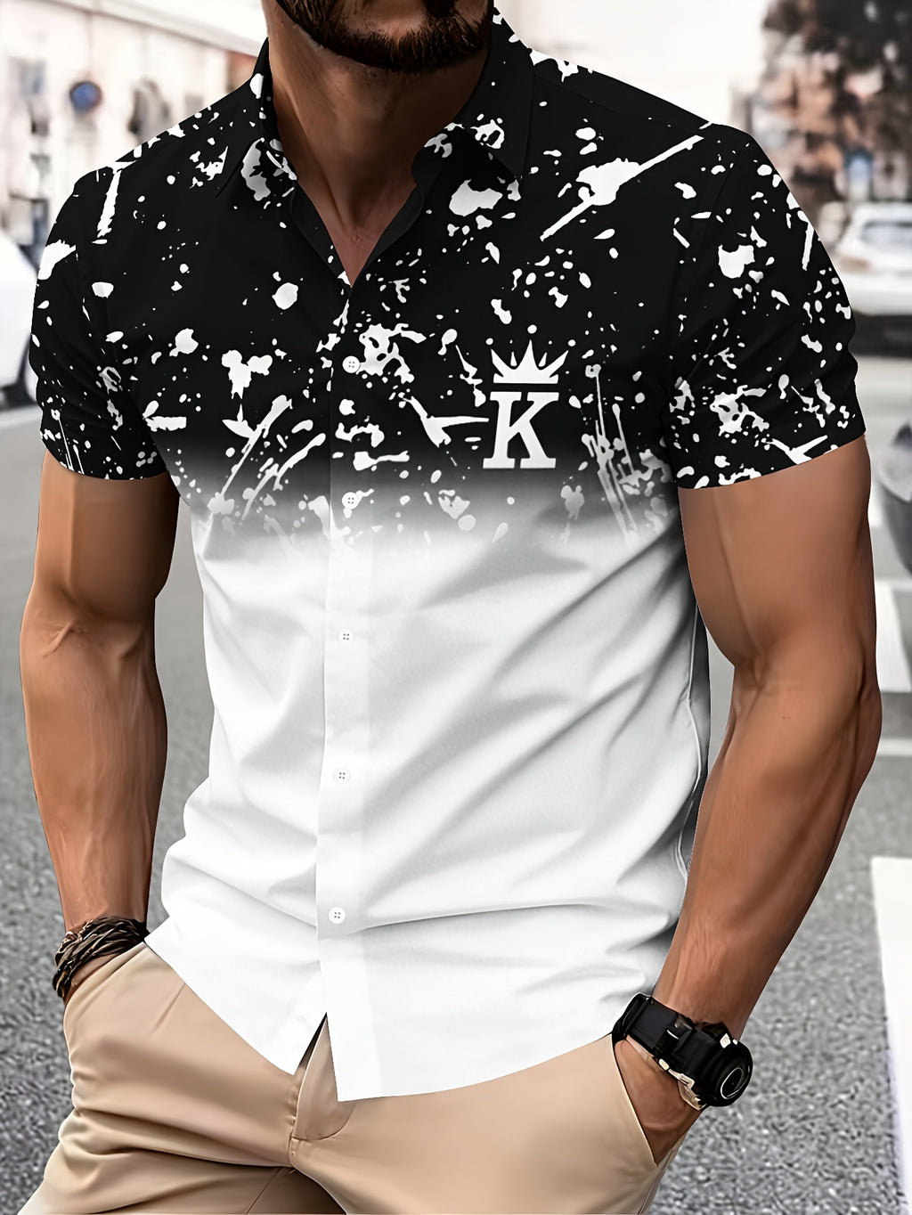 Casual Style Men'S Casual Shirt, Print Black And White Gradient with Crown K Letter And Splatter Pattern Summer Fashion Statement