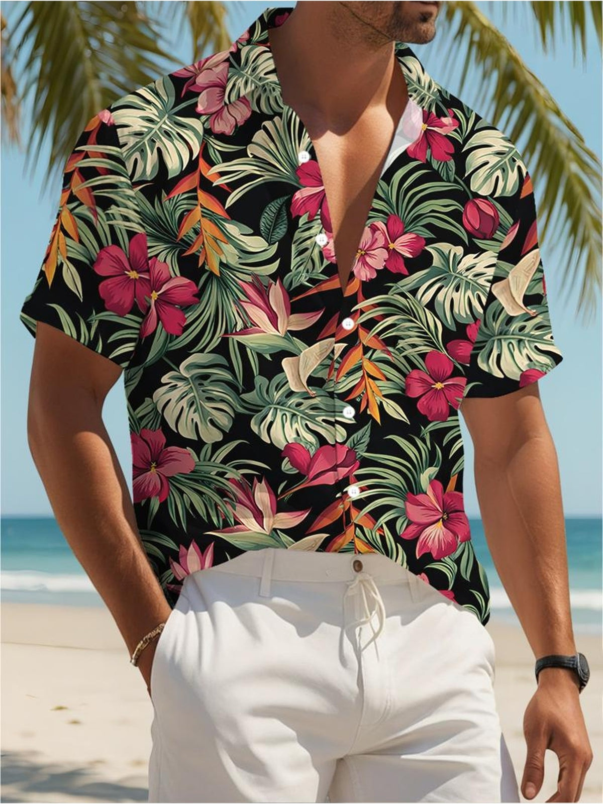 New Men's Casual Shirt, Tropical Floral Print, Black Short Sleeve, Multiple Sizes Available, Beach Style, Men's Fashion Item, Suitable for Vacation and Daily Wear
