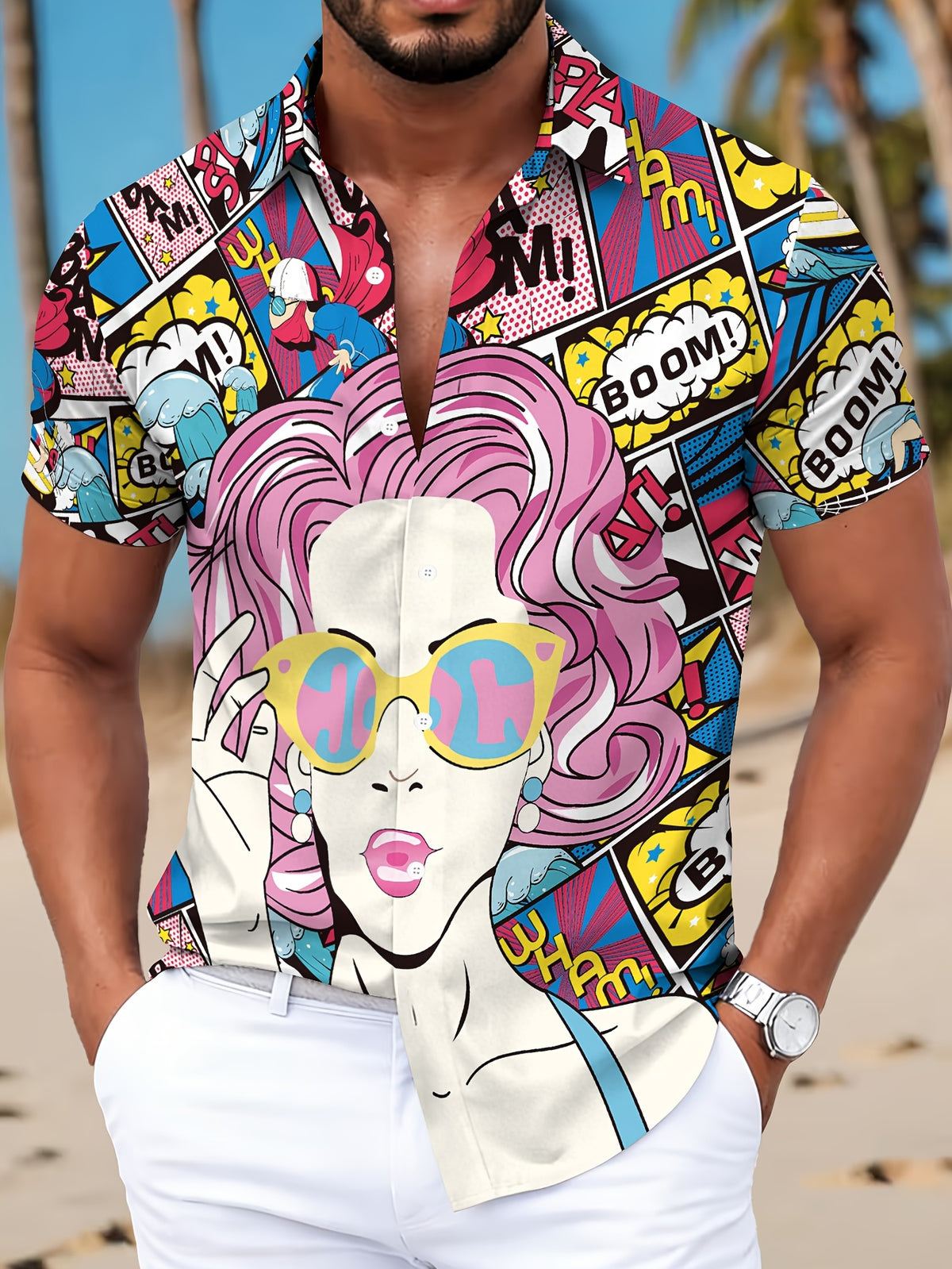 Comic Style Men'S Casual Shirt, Printed Multicolor Pop Art Woman with Pink Hair And Sunglasses, Summer Vibrant Cartoon Speech Bubbles And Dynamic Action Words