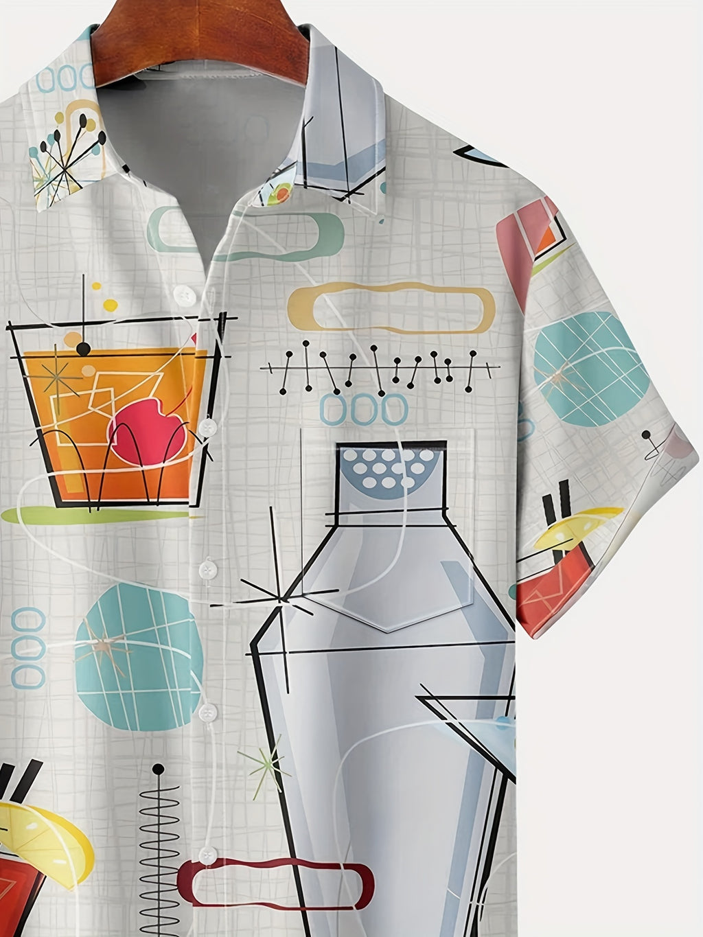 Men'S Vintage 60s Geometric Atomic Cocktail Shirt with Button Pocket, Polyester 100%, Regular Fit, Woven Fabric, Slight Stretch, Summer Season, Lapel Collar, 120g/m² - 0208, Plus Size