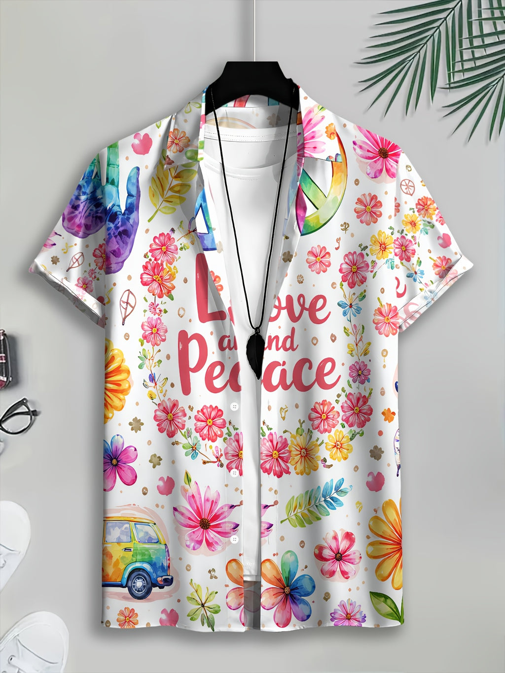 Hawaiian Style Men's Casual Shirt "Love and Peace" Floral Print with Summer Colorful Flowers and Peace Symbol Design