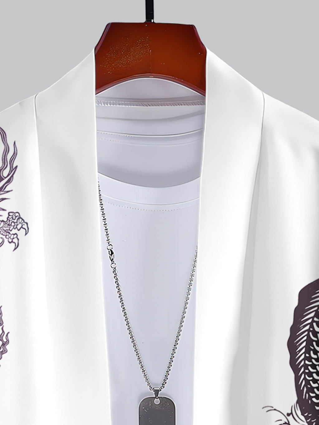 Casual Men'S Kimono Cardigan, Printed White Dragon And Koi Fish Wave Pattern, Summer Dynamic Ocean Waves And Mountain Scene