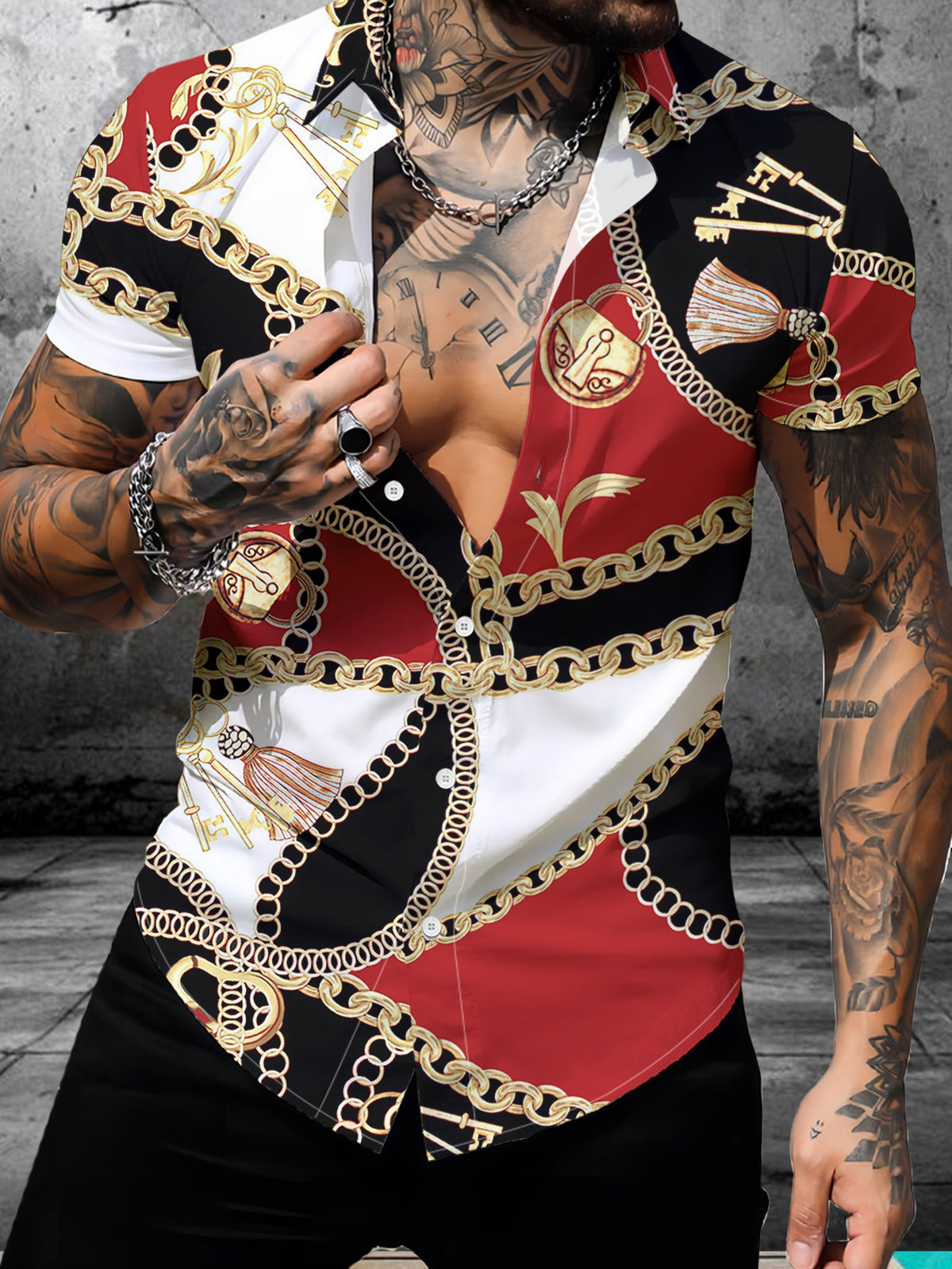 Men's Trendy Digital Print Short Sleeve Shirt Fashionable Chain and Badge Pattern Casual Versatile Turn- Collar Top