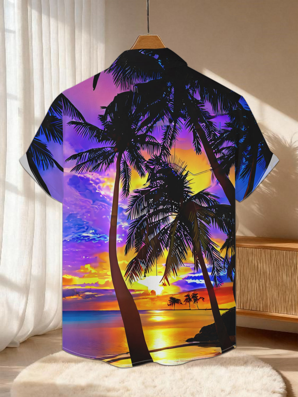 New Men'S Casual Short-Sleeve Shirt Featuring a Silhouette of Palm Trees Against a Vibrant Sunset, with The Sea Shimmering Like Scattered Golden. Perfect for Holiday Gatherings And Commuting, Made from Machine-Washable Polyester Fabric