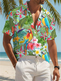Men's Casual Fashion Short-Sleeve Shirt with Parrot and Floral Tropical Pattern, Suitable for Beach Vacations and Leisure Outings