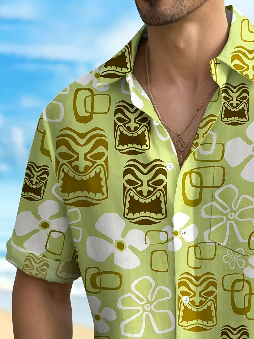 Floral TiKi Print Men's Plus Size Short Sleeve Shirt, PLUS SIZE