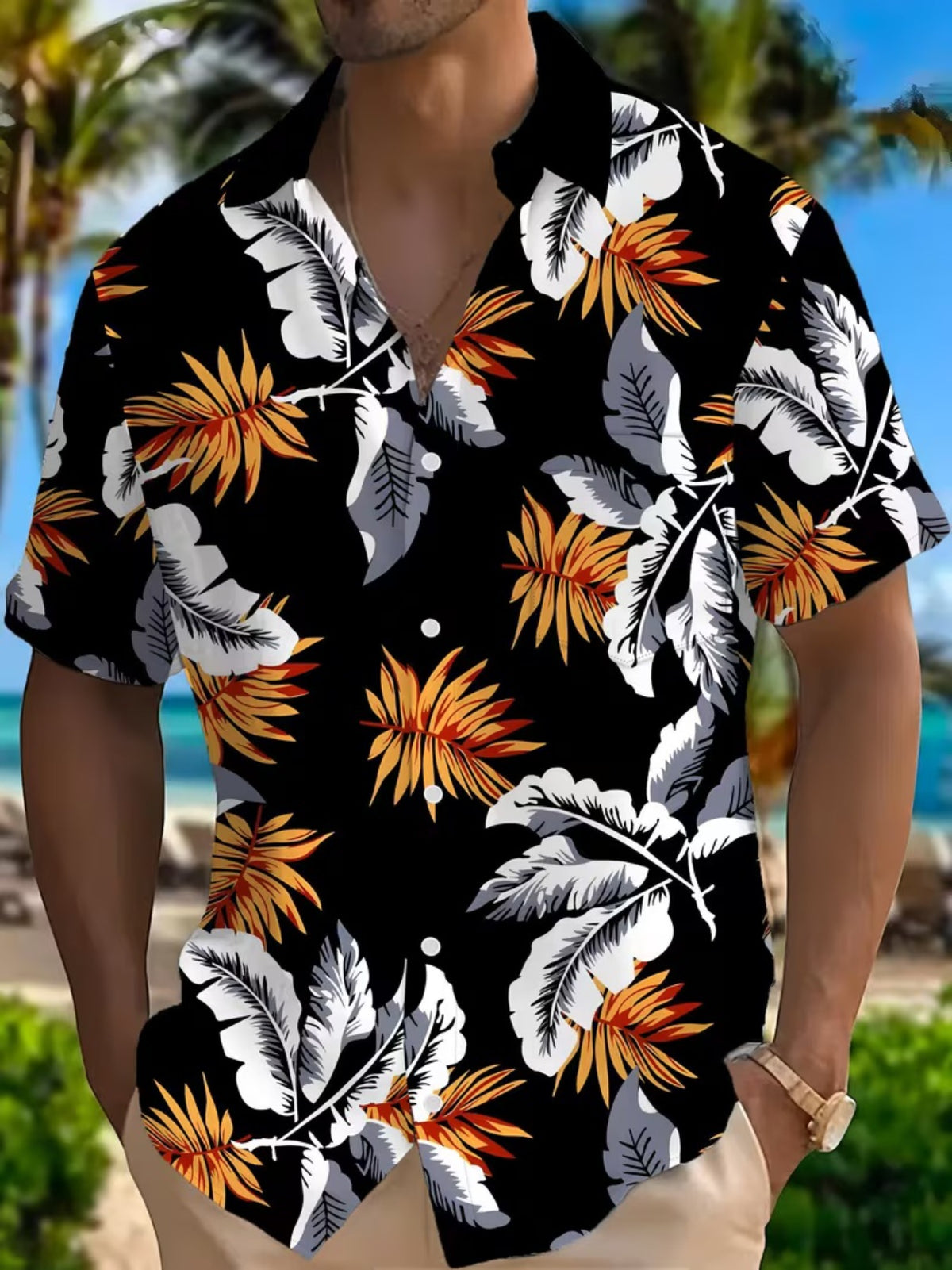 Hawaiian Leaf Pattern Men's Casual Shirt - Short Sleeve Button- Design, for Summer Outdoor and Casual Wear, Daily Outfits