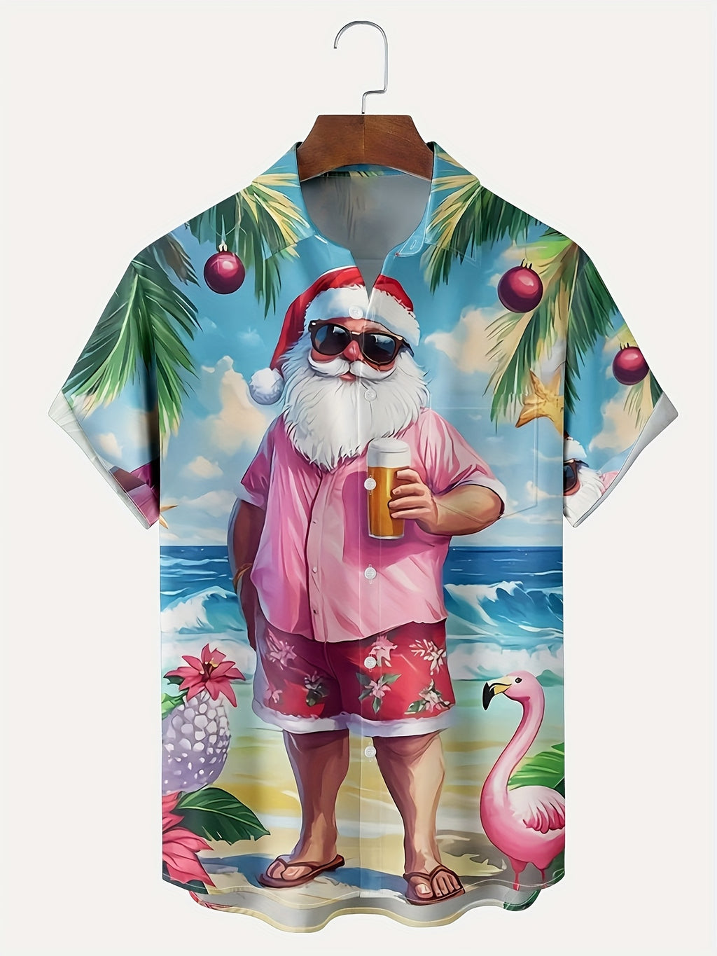 Men'S Retro Hawaiian Style Santa Claus Beach Print Short-Sleeve Shirt - Button- Collar Shirt with Pocket, Featuring a Design of Santa in Flip-Flops And Palm Trees, Machine Washable Summer Holiday Party Attire (Pink/Teal)