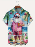 Men'S Retro Hawaiian Style Santa Claus Beach Print Short-Sleeve Shirt - Button- Collar Shirt with Pocket, Featuring a Design of Santa in Flip-Flops And Palm Trees, Machine Washable Summer Holiday Party Attire (Pink/Teal)