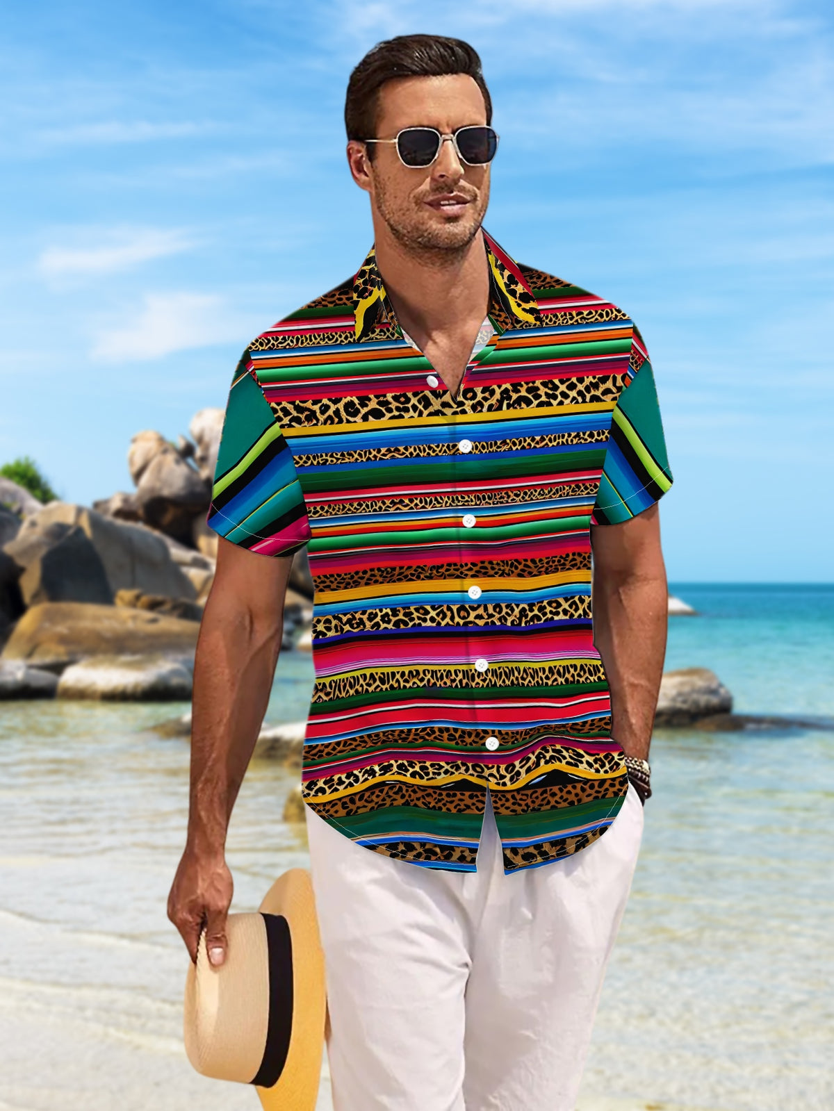 New Men'S Casual Short Sleeve Shirt, Striped And Leopard Print Interwoven, Rich Colors with Exotic Texture, Versatile for Festive Gatherings And Commuting, Fabric Machine Washable, Button-Up Print Shirt