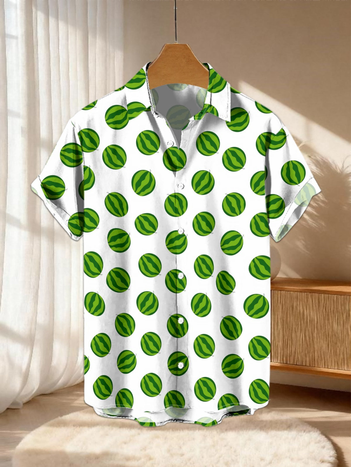 New Men's Casual Short-Sleeve Shirt with All-Over Green Watermelon Pattern on White Background, Versatile for Holiday Parties and Commuting. Made of Polyester Fiber, Machine Washable, Lightweight for Summer. Suitable for Casual Wear