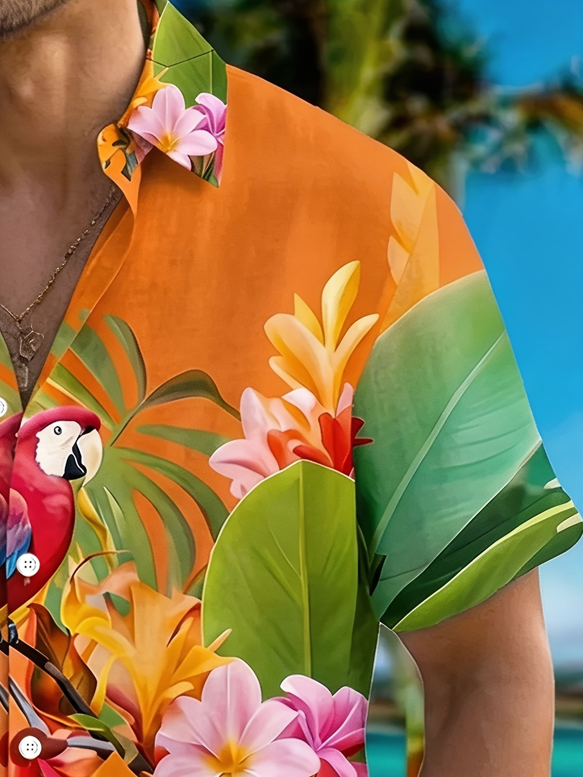 Men's Hawaiian Vacation Shirt - Retro Button-Up Short Sleeve Shirt with Parrot & Floral Print, Plus Size Button Collar Shirt Suitable for Summer Beachwear, Hawaiian Outfits, Machine Washable Button-Front Closure, PLUS SIZE