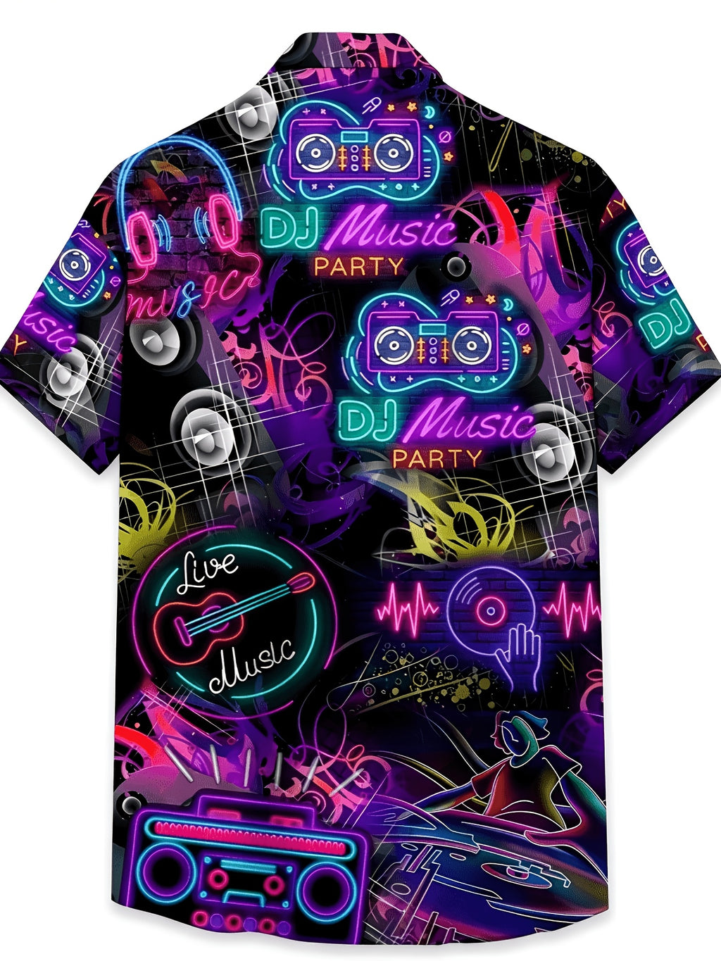 New Tropical Party Neon Pattern T-Shirt - Short Sleeve, J Neon Music Party Enhances Life, Men's Casual Hawaiian Shirt, Daily Wear | Tropical Music Design | Material