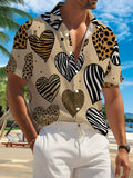 New Men's Casual Short-Sleeve Shirt with All-Over Animal Print Heart Pattern, Light Brown Base Color, Trendy and Eye-Catching, Versatile for Holiday Parties and Commuting, Polyester Fiber Fabric, Machine Washable, Button-Up Printed Shirt