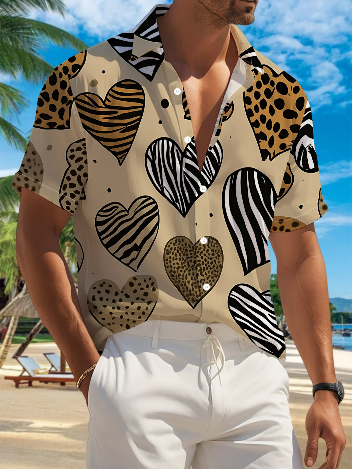 New Men's Casual Short-Sleeve Shirt with All-Over Animal Print Heart Pattern, Light Brown Base Color, Trendy and Eye-Catching, Versatile for Holiday Parties and Commuting, Polyester Fiber Fabric, Machine Washable, Button-Up Printed Shirt