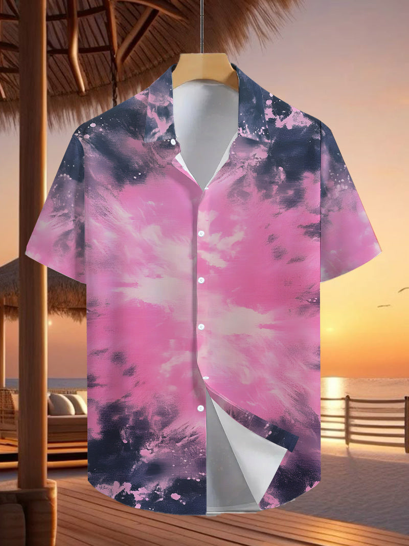 Fashion Tropical Style Ink Painting Element Men's Casual Shirt - Short Sleeve Button Design, Summer Outdoor and Casual Wear