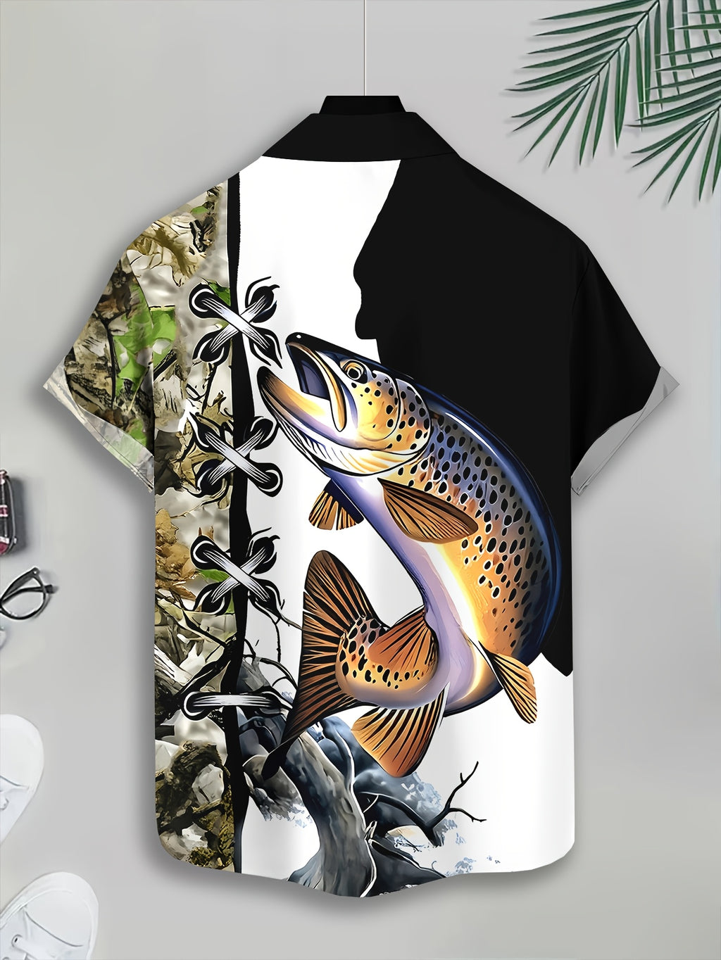 Casual Style Men'S Casual Shirt, Printed Black And White Trout Fishing Pattern Summer Vibrant Fish Design with Camouflage Background And Lacing Detail