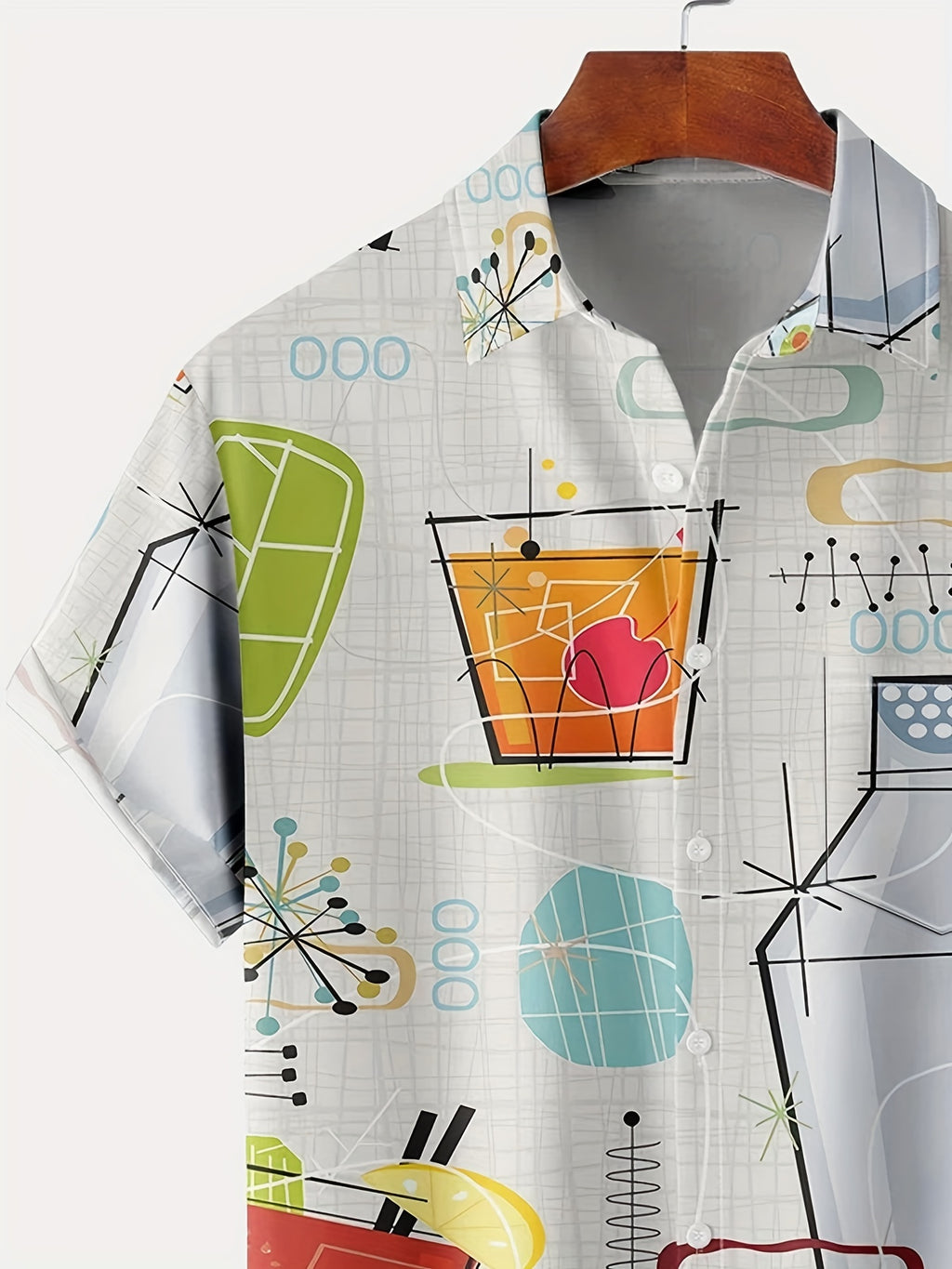 Men'S Vintage 60s Geometric Atomic Cocktail Shirt with Button Pocket, Polyester 100%, Regular Fit, Woven Fabric, Slight Stretch, Summer Season, Lapel Collar, 120g/m² - 0208, Plus Size