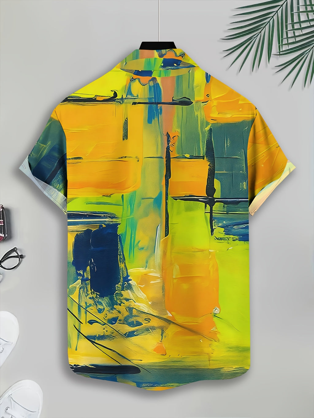 Abstract Art Men's Casual Shirt with Colorful Ink Splatter and Vibrant Summer Brushstroke Design